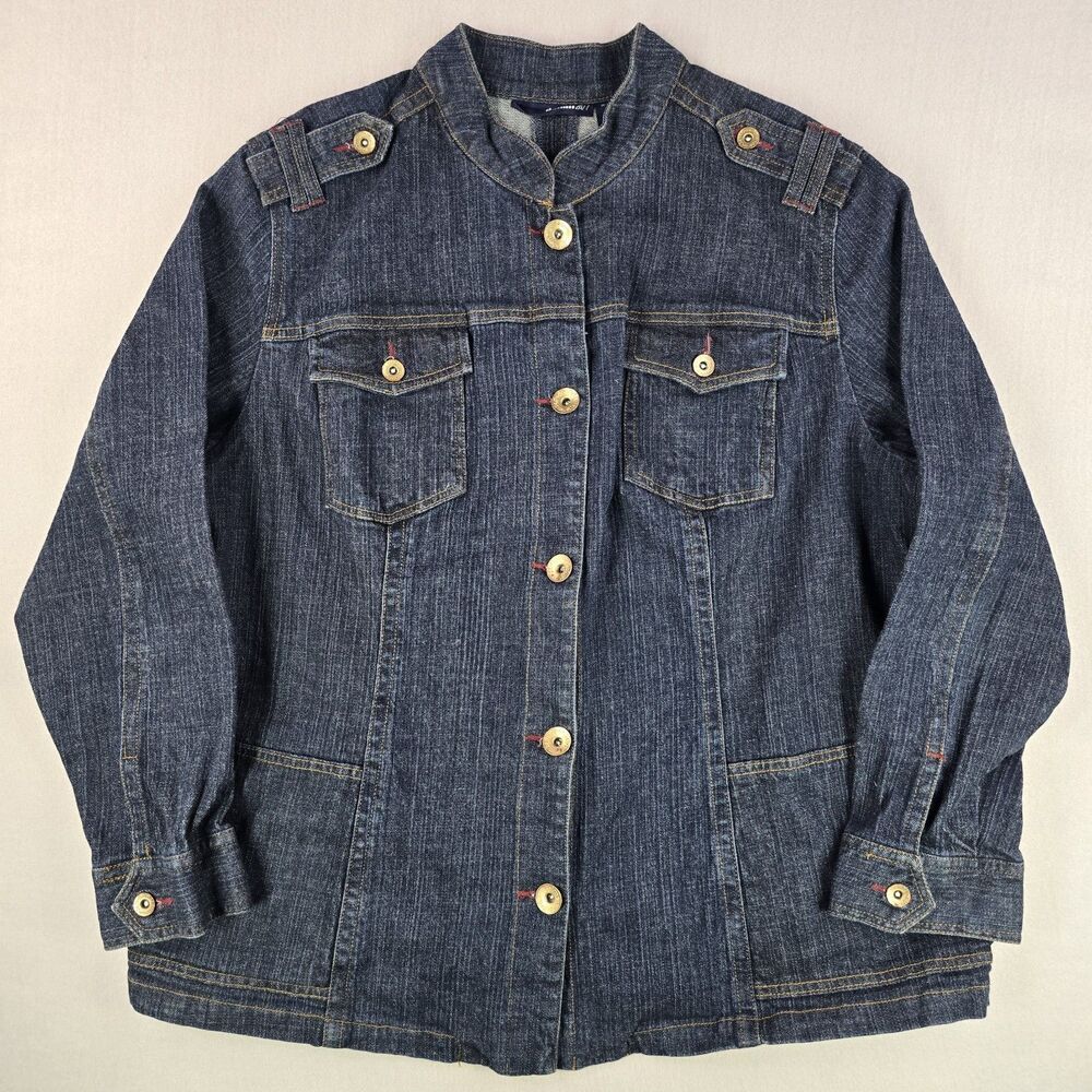Women’s Denim Jacket Size 20W Jean Dark Wash Stretch Denim 24/7 Big Buttons Fade